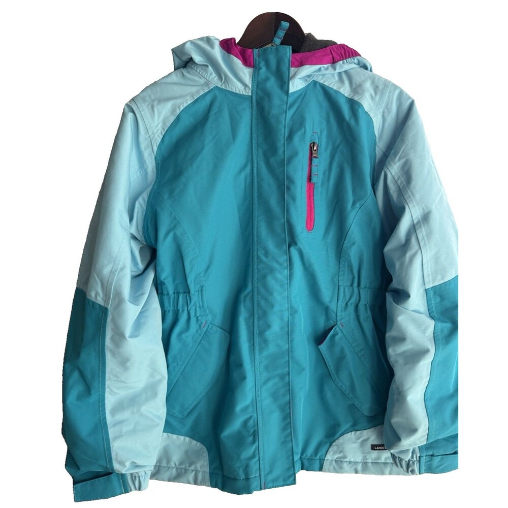 LandEnd Grow-A-Longs  Girls Hooded Light/Drk Teal Insulated Winter Jacket XL 16